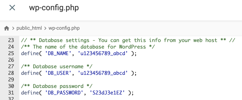 O conteúdo do arquivo wp-config.php. Os detalhes do banco de dados estão destacados.