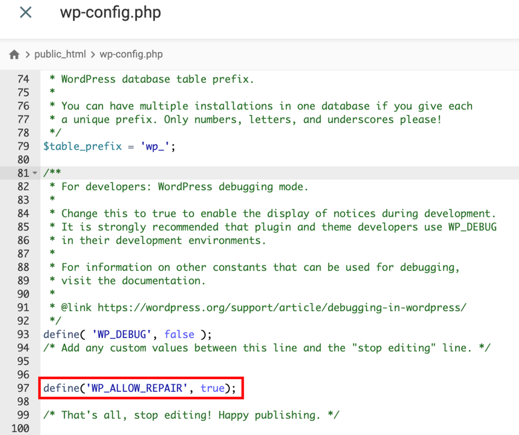 O conteúdo do arquivo wp-config.php. O código de reparo de permissão é adicionado