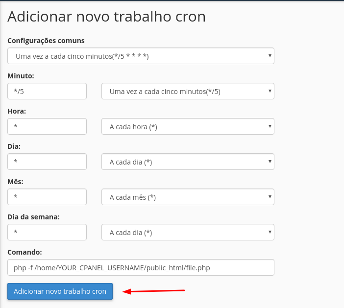 adicionar e criar tarefa cron no cpanel