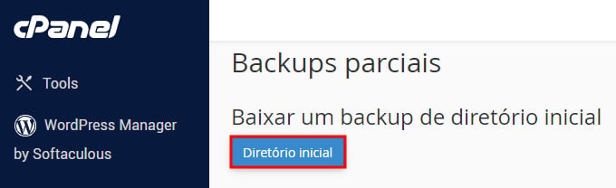 baixar um backup parcial de um diretório inicial no cpanel