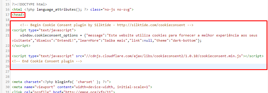 código html para aviso de cookie