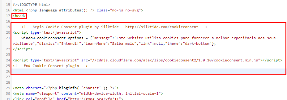código html para aviso de cookie