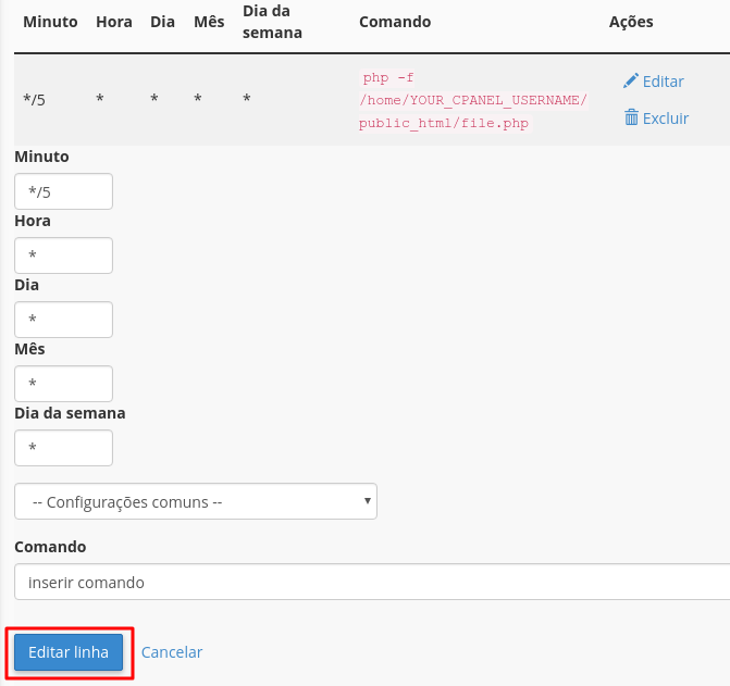 editar tarefa cron no cpanel