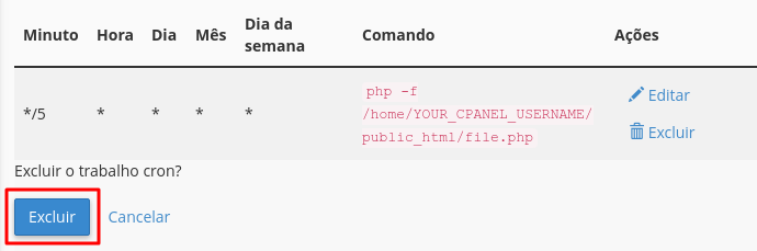excluir tarefa cron do cpanel