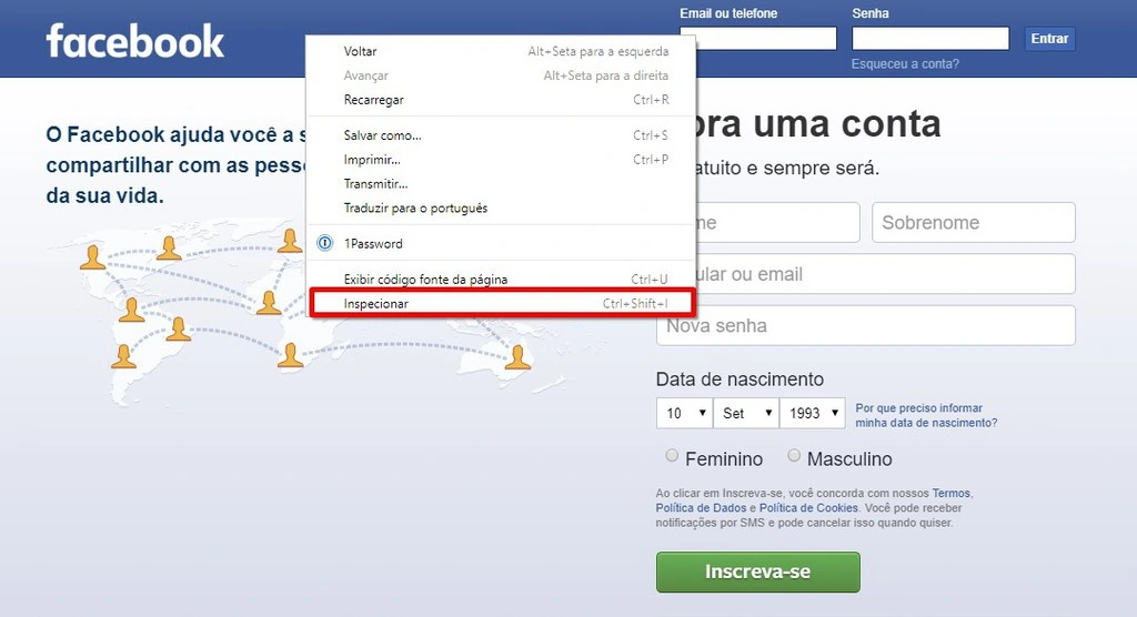 inspecionar elementos do facebook