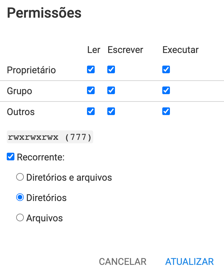 A janela de permissões de alteração no Gerenciador de arquivos do Hostinger