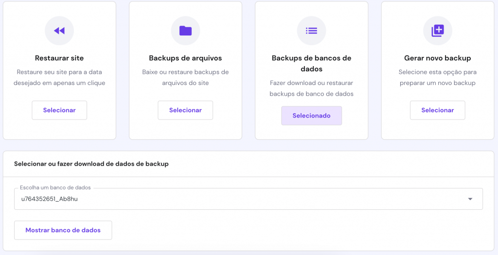 A página Backups no hPanel. Os backups do banco de dados são selecionados