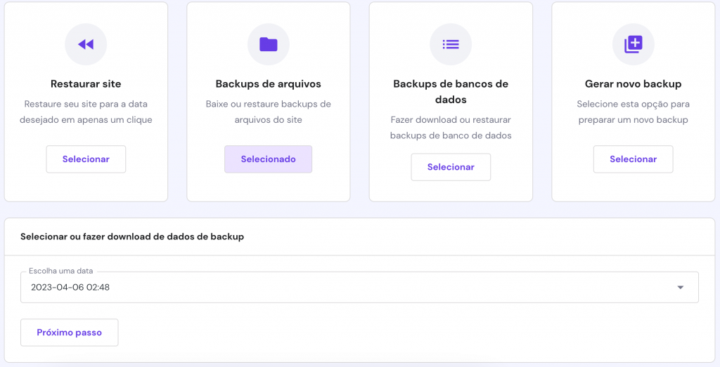 A página de backups no hPanel. Os backups de arquivos são selecionados