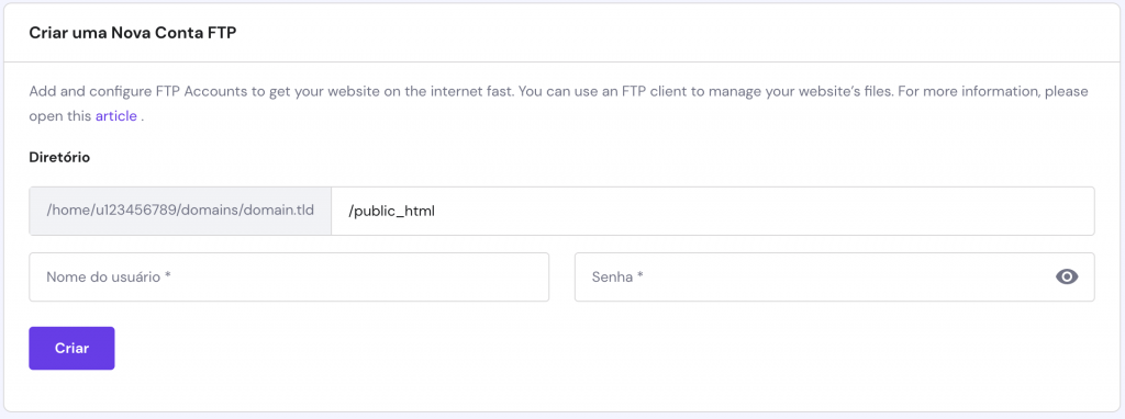 A seção Criar nova conta FTP no hPanel