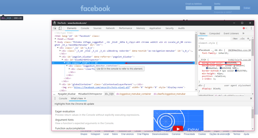 inspecionar elementos no facebook