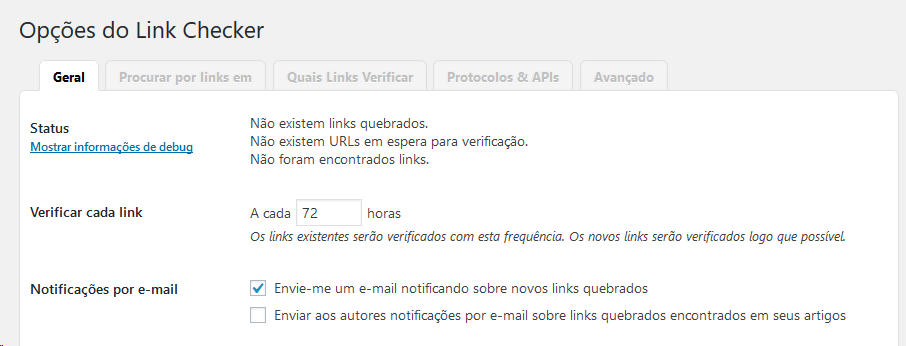 Opções do plugin Link Checker