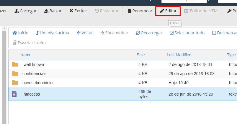 localizar opção editar no .htaccess