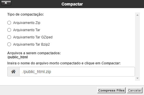 selecionar tipo de compactação de arquivo no cpanel