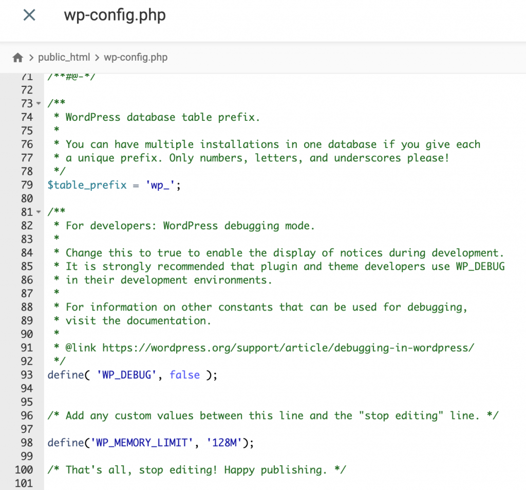 O arquivo wp-config.php. A linha de memória WP é adicionada