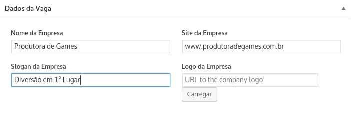 preencher dados da vaga de emprego no wordpress