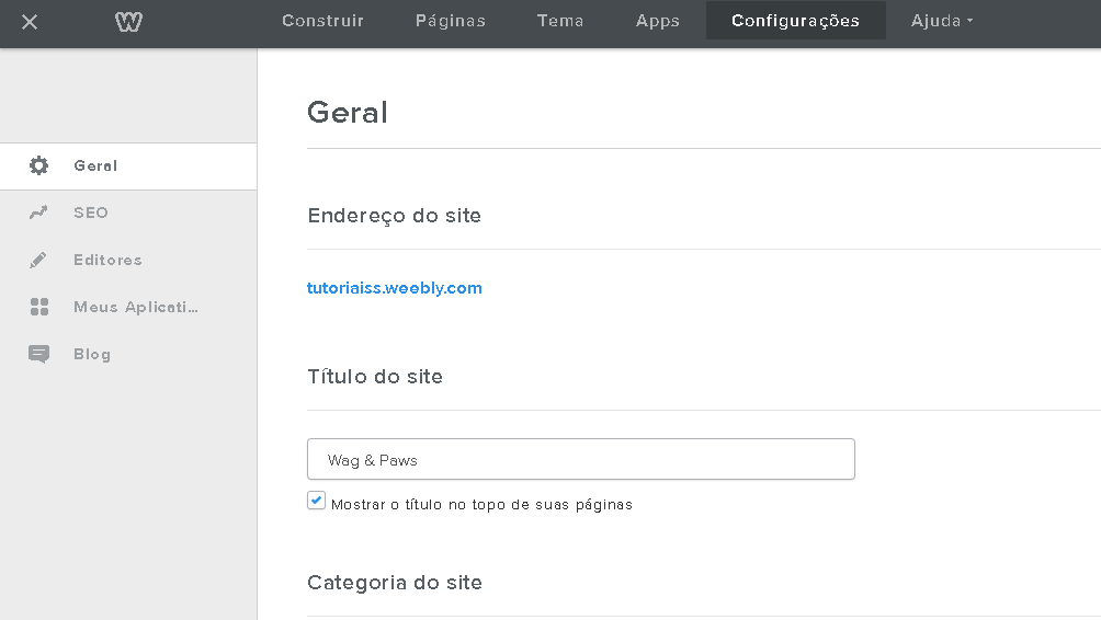 configurações no Weebly