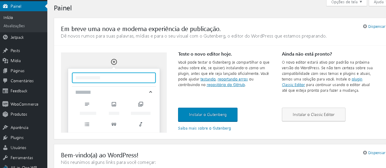 painel de controle do WordPress