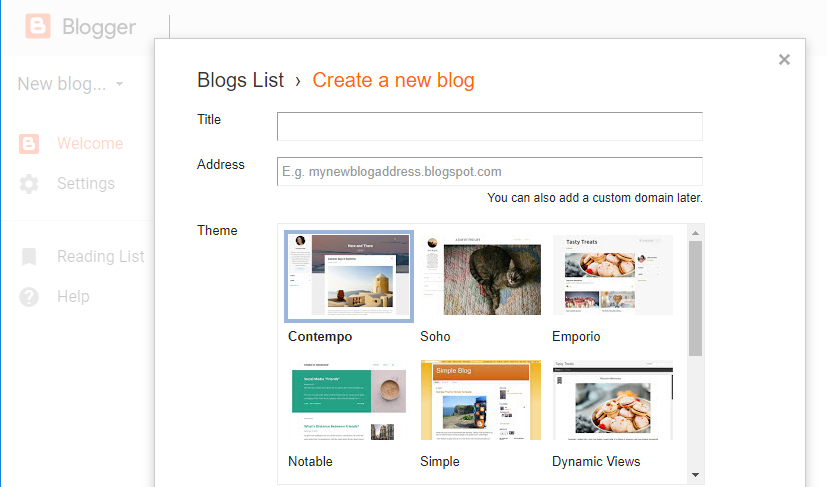 opções de personalização no blogger