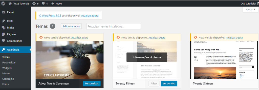 Menu instalar temas no WordPress