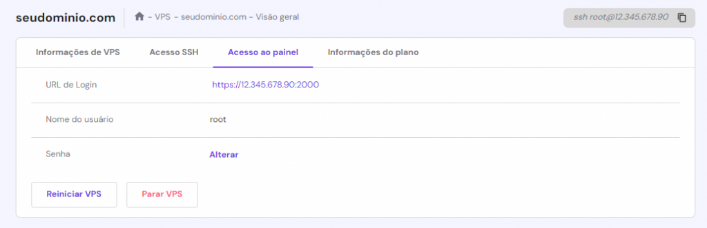 dados de acesso ao vps no hpanel