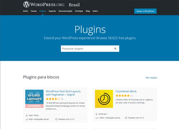 página de plugins do wordpress