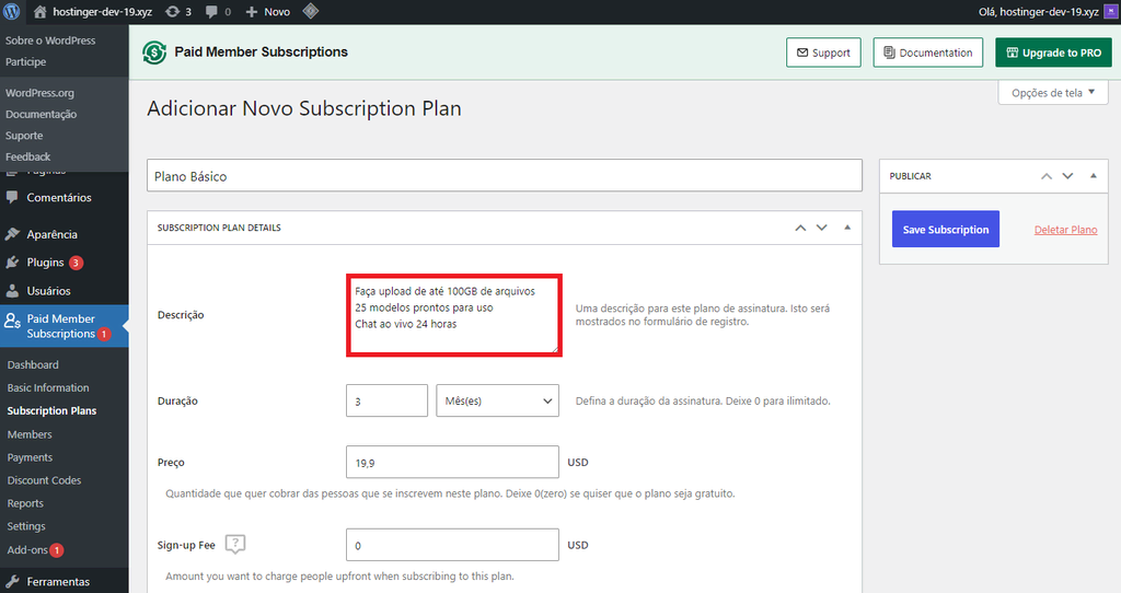 descrevendo plano no paid member subscriptions