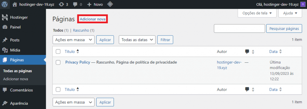 adicionar nova página no wordpress