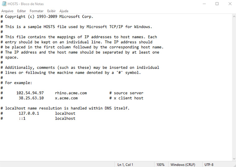 arquivo hosts aberto no bloco de notas