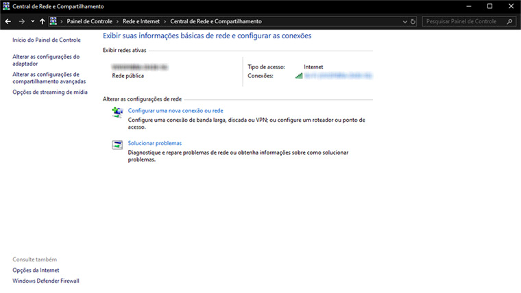 central de rede e compartilhamento do windows