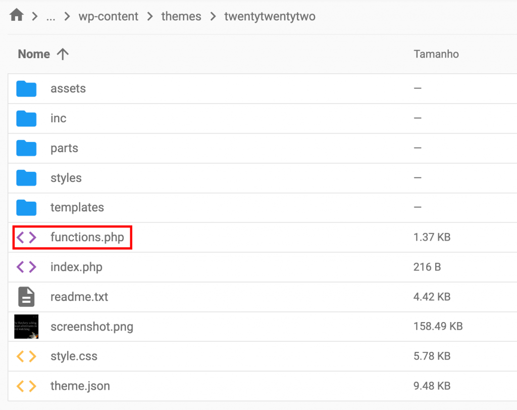 A pasta temática do WordPress. O arquivo functions.php é destacado