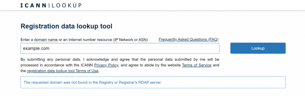 ferramenta de lookup no site da ICANN para domínios