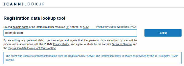 ferramenta de lookup no site da ICANN para domínios