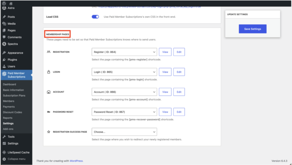 configurando páginas no plugin paid member subscriptions