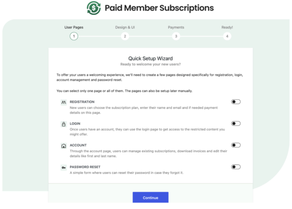 assistente de configuração do plugin paid member subscriptions para wordpress