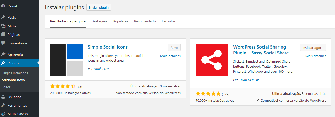 Instalação do plugin Simple Social Icon