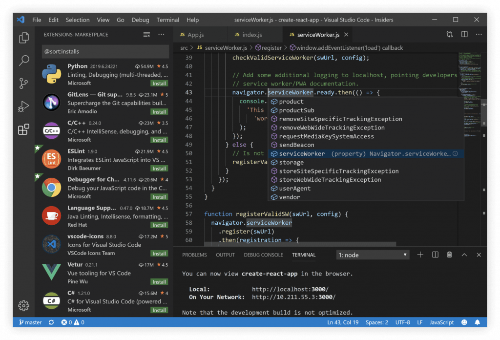 interface do editor html visual studio code