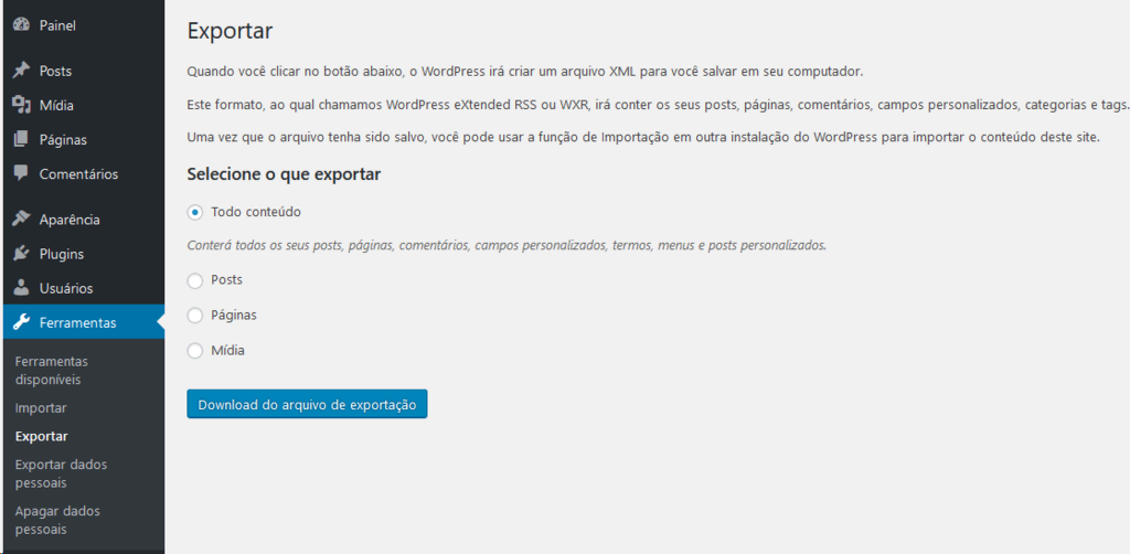 Ferramenta Exportar Site WordPress