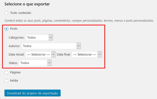 Selecionar Arquivos Exportar Site WordPress