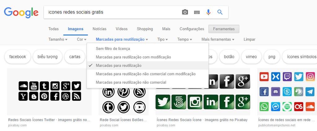 Baixar ícones sem direitos autorais no Google