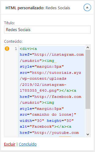 Exemplo de código a ser inserido no WordPress