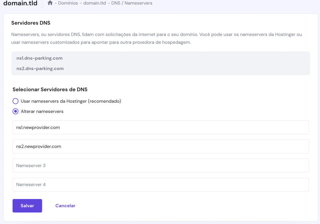 A página DNS / Nameservers no hPanel
