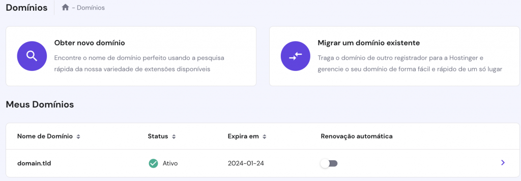 A página de Domínios no hPanel