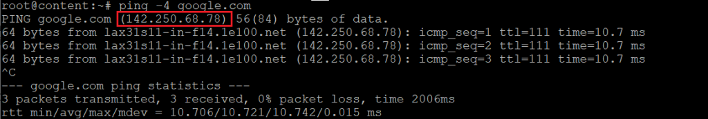 retorno de comando ping numa conexão ipv4