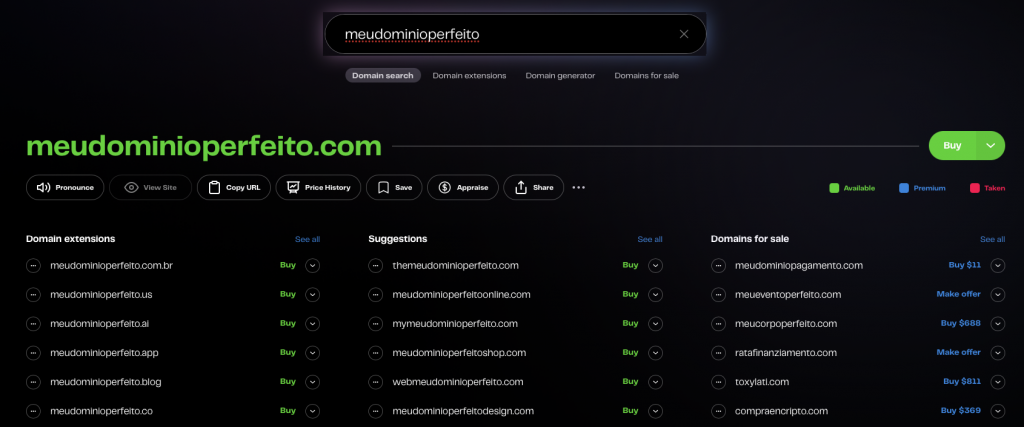 resultados de pesquisa no serviço instant domain search