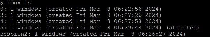 tmux exibindo todas as sessões ativas