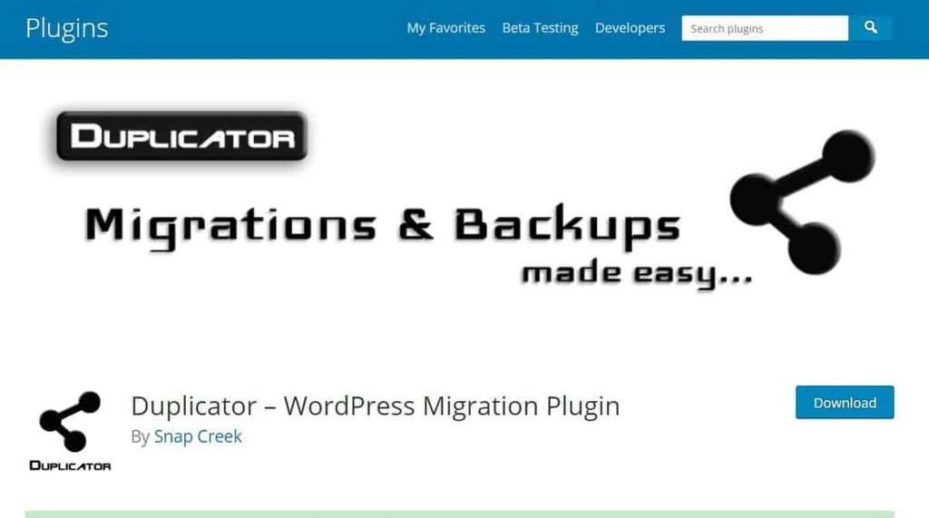 Tela de download do plugin de migração Duplicator