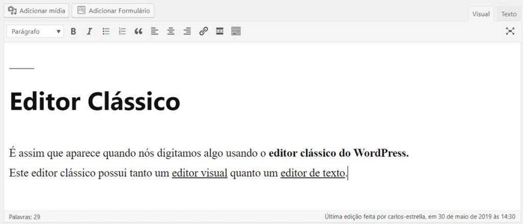 Exemplo de texto digitado no editor clássico do WordPress