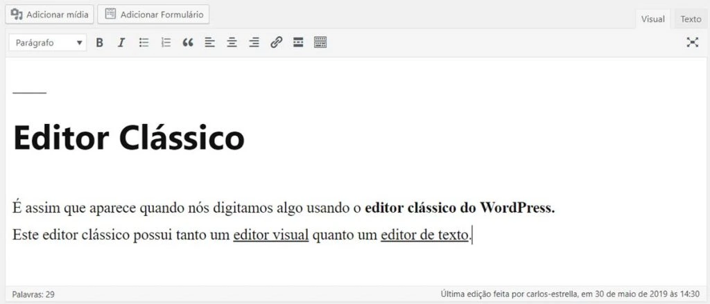 Exemplo de texto digitado no editor clássico do WordPress