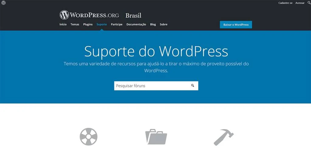 Página Inicial do site oficial WordPress Suporte