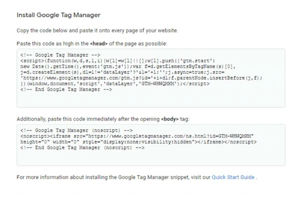 Códigos necessários para implementar o Google Tag Manager